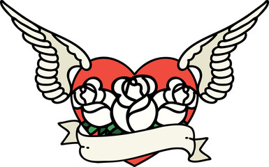 tattoo in traditional style of a flying heart with flowers and banner