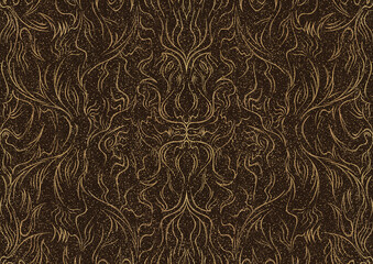 Hand-drawn unique abstract symmetrical seamless gold ornament with golden glittery splatter on a dark brown background. Paper texture. Digital artwork, A4. (pattern: p11-1a)