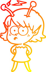 warm gradient line drawing of a cartoon alien girl