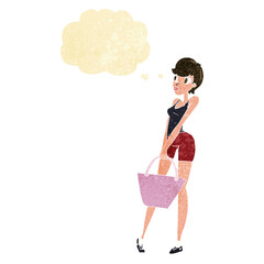 cartoon attractive woman shopping with thought bubble