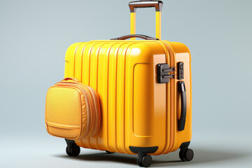 Fototapeta premium orange suitcase and sunglasses on a green background. travel, summer, taking a break. summer, the chance to rest and relax