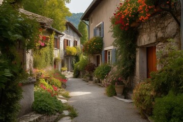 Fototapeta na wymiar A picturesque village in Europe with colorful houses, flower boxes, cobblestone streets, and locals living their daily lives, creating a warm and inviting atmosphere. Generative AI