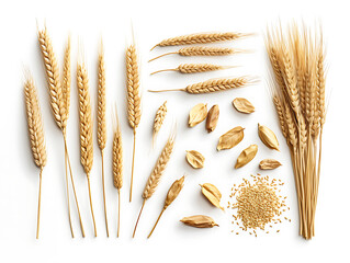 Many ears of wheat and grains on white background. Top view