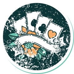 iconic distressed sticker tattoo style image of cards and banner