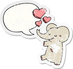 cartoon elephant with love hearts with speech bubble distressed distressed old sticker