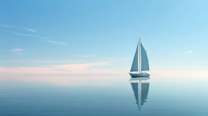 Yacht in Calm Maritime Scene with Sailboat on Horizon over Blue Ocean with Reflective Clouds, Copy space for text, advertising, message, logo