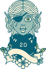 Retro Tattoo Style elf rogue character with natural twenty dice roll