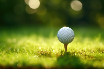Serene scene captures a golf ball resting on lush green grass, with sun rays reflecting on the tee,...