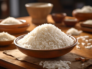 Raw white polished milled edible rice on wooden table closeup