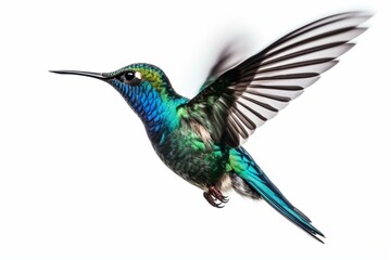 Fototapeta premium Blue hummingbird flying, isolated on white background. Tropical colibri or white-throat bird with vibrant colors. Generative AI
