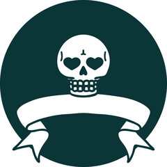 tattoo style icon with banner of a skull