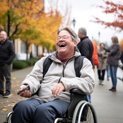 Disabled person in a wheelchair happy and laughing