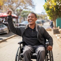 Disabled person in a wheelchair happy and laughing