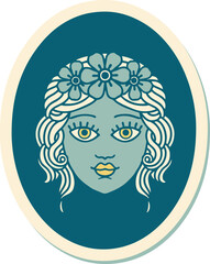 sticker of tattoo in traditional style of a maiden with crown of flowers