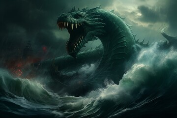 Enormous ocean serpent rises from abyss. Generative AI