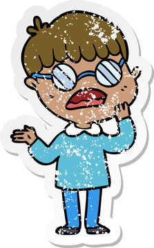 distressed sticker of a cartoon confused boy wearing spectacles