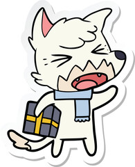 sticker of a angry cartoon fox with gift