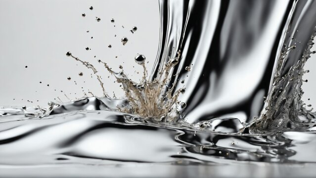 Liquid silver splash close up. Side view on white background. Liquid metal crown splash. Generated with AI