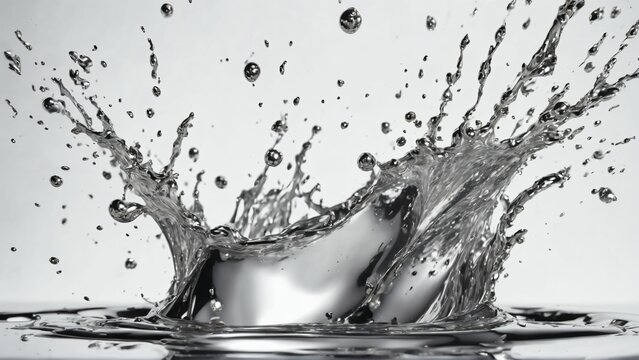 Liquid silver splash close up. Side view on white background. Liquid metal crown splash. Generated with AI