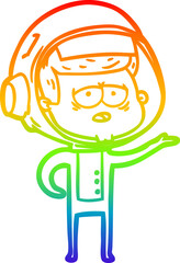 rainbow gradient line drawing of a cartoon tired astronaut