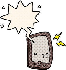 cartoon mobile phone with speech bubble in comic book style
