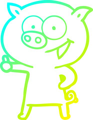 cold gradient line drawing of a cheerful pig cartoon