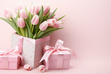 Beautiful bouquet of pink tulips presented in pink gift box. Perfect for gifting on special occasions or as decorative centerpiece.