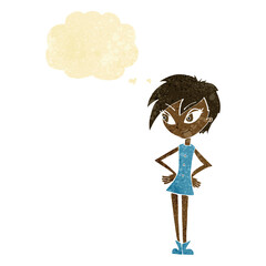 cartoon girl with hands on hips with thought bubble