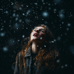 chanting Scene of a Young Woman or Girl Catching Snowflakes - Night's Silence and Winter's Playful Touch Combined. Generative AI.
