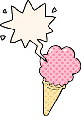 cartoon ice cream with speech bubble in comic book style
