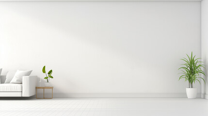 The modern monochrome White interior of the light room with a white wall and a plant with copy space. Modern design of flats.