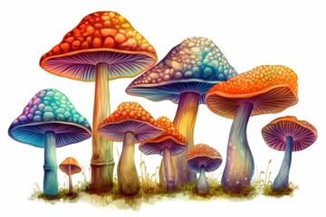 Illustration of vibrant psychedelic mushrooms isolated on white background. Generative AI