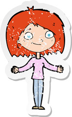 retro distressed sticker of a cartoon woman shrugging shoulders