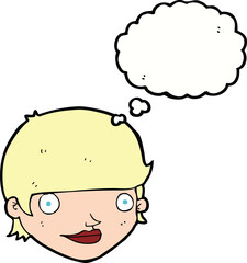 cartoon happy female face with thought bubble