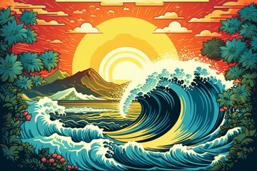 tropical waves ideal for summer surf in Hawaii with foam for printing. Generative AI - obrazy, fototapety, plakaty