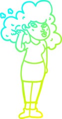 cold gradient line drawing of a cartoon girl playing with hair