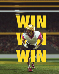 Fototapeta premium Motivated athlete, american football player on stadium during match with winning word design. 3D render. Success. Concept of professional sport, competition, game, match. Poster, ad