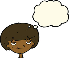 cartoon smug looking boy with thought bubble