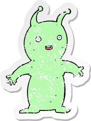 retro distressed sticker of a cartoon happy little alien