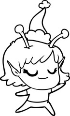 smiling alien girl hand drawn line drawing of a wearing santa hat