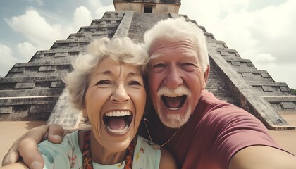 70-Year-old spouse couple posing for a selfie at kukulkan pyramid, Chichen Itza, Mexico - obrazy, fototapety, plakaty