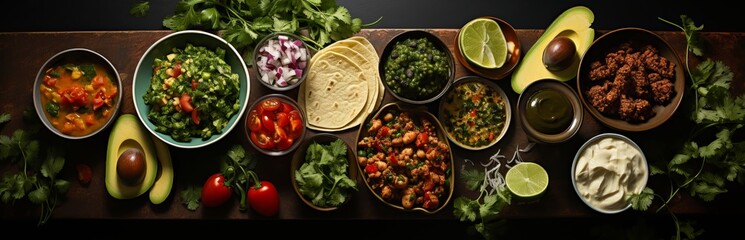 Mexican tortilla, products flatlay, pita stuffing, meat and vegetables, banner with place for text....