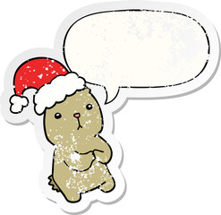 cartoon christmas bear worrying with speech bubble distressed distressed old sticker