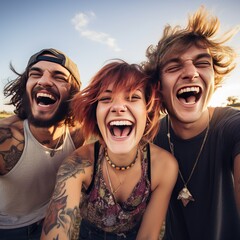 Group of people taking a selfie and smiling