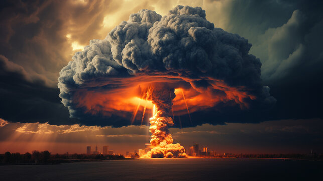 Nuclear explosion outdoors. Atomic bomb concept. 