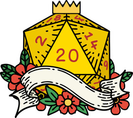 Retro Tattoo Style natural twenty D20 dice roll
