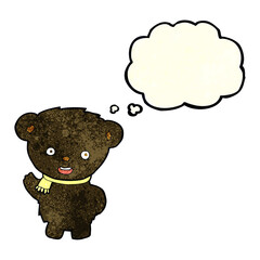 cartoon black bear waving with thought bubble