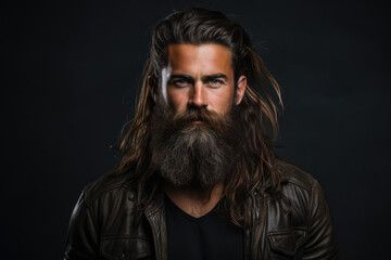 Obraz premium Picture of man with long beard wearing leather jacket. This image can be used to portray rugged and stylish look.