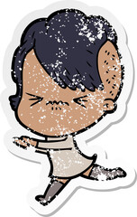 distressed sticker of a cartoon annoyed hipster girl
