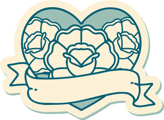 sticker of tattoo in traditional style of a heart and banner with flowers
